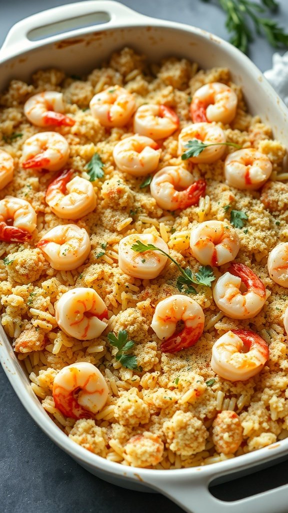 Baked shrimp and rice casserole topped with shrimp and parsley