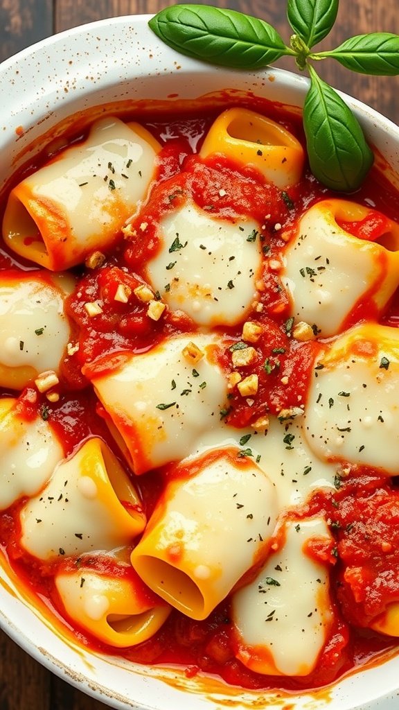 A dish of baked tortellini topped with marinara sauce and melted mozzarella cheese, garnished with fresh basil.