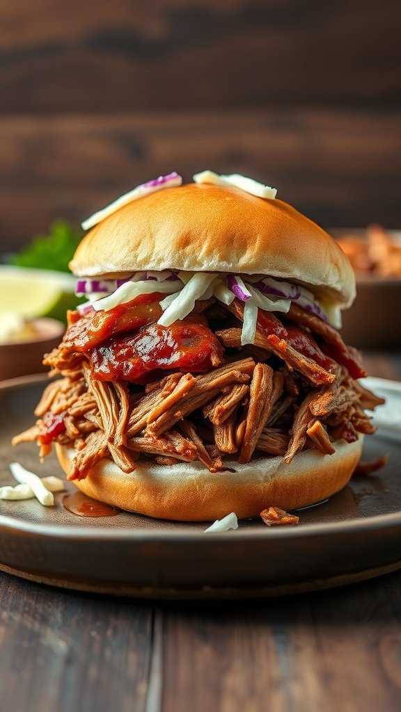A delicious BBQ pulled pork sandwich with shredded pork and coleslaw on a bun, served on a brown plate.