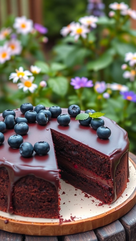 A beautifully layered blueberry chocolate cake topped with fresh blueberries and surrounded by flowers.