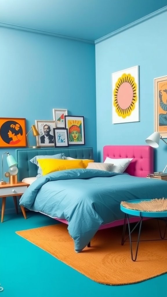 Colorful bedroom with blue walls, pink headboard, and vibrant decor