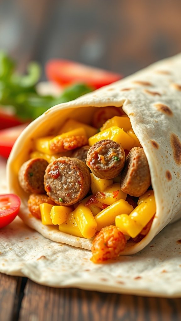Breakfast burrito filled with sausage, eggs, and diced mango.