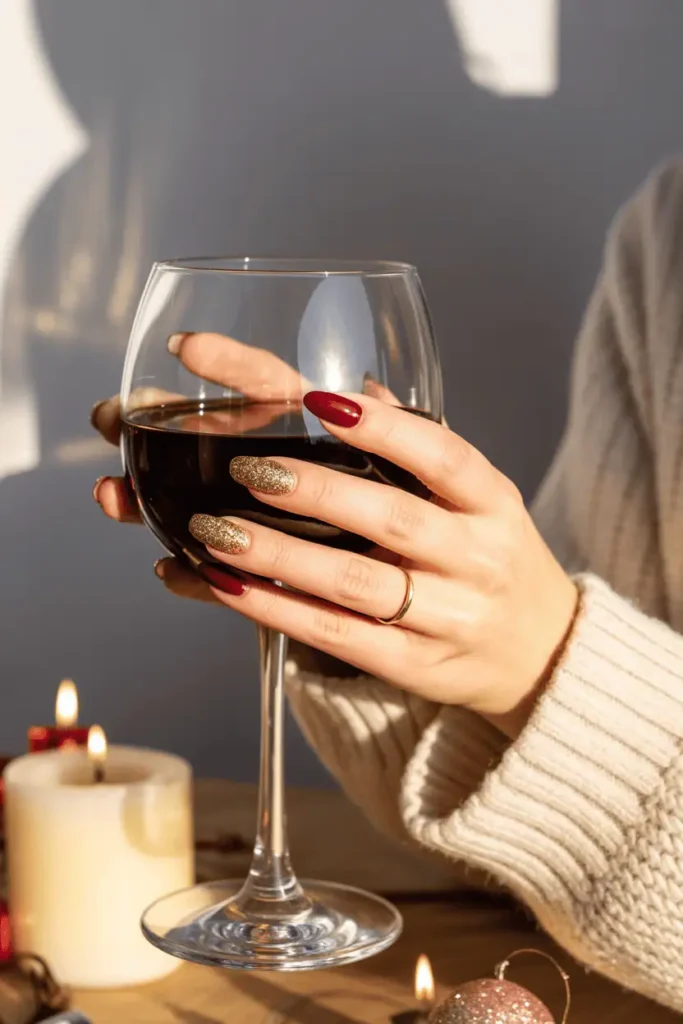 Burgundy nails with gold glitter accent holding a glass of red wine. Romantic and cozy lighting.