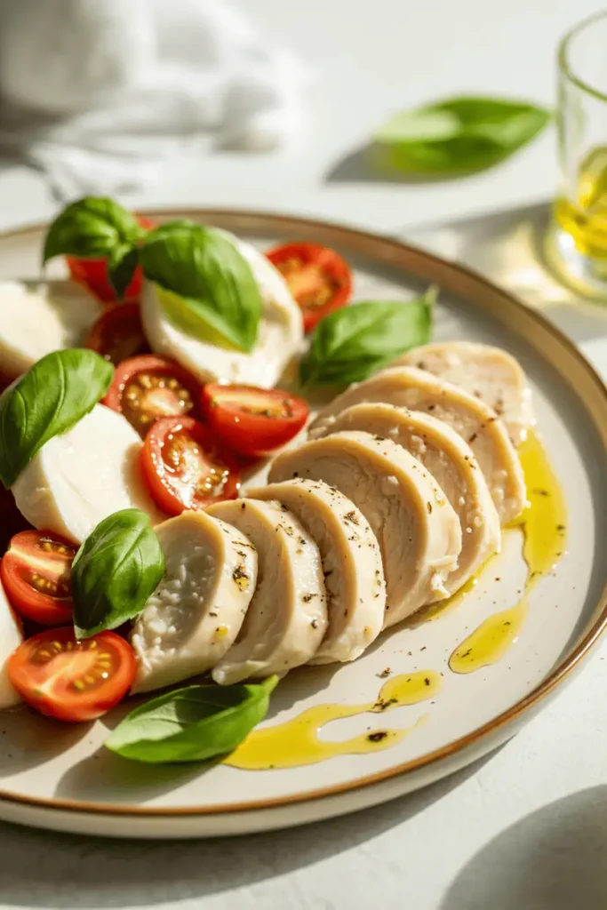 “caprese chicken lunch plate with sliced chicken breast, cherry tomatoes, fresh mozzarella, basil leaves, olive oil drizzle, bright natural daylight, clean white plate, fresh spring colors, professional food photography, photorealistic, no text, vertical 2:3”
