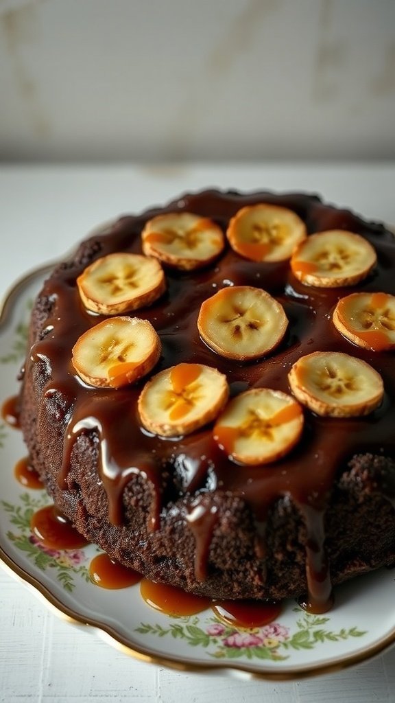 A delicious caramelized banana chocolate upside-down cake topped with sliced bananas and drizzled with chocolate sauce.