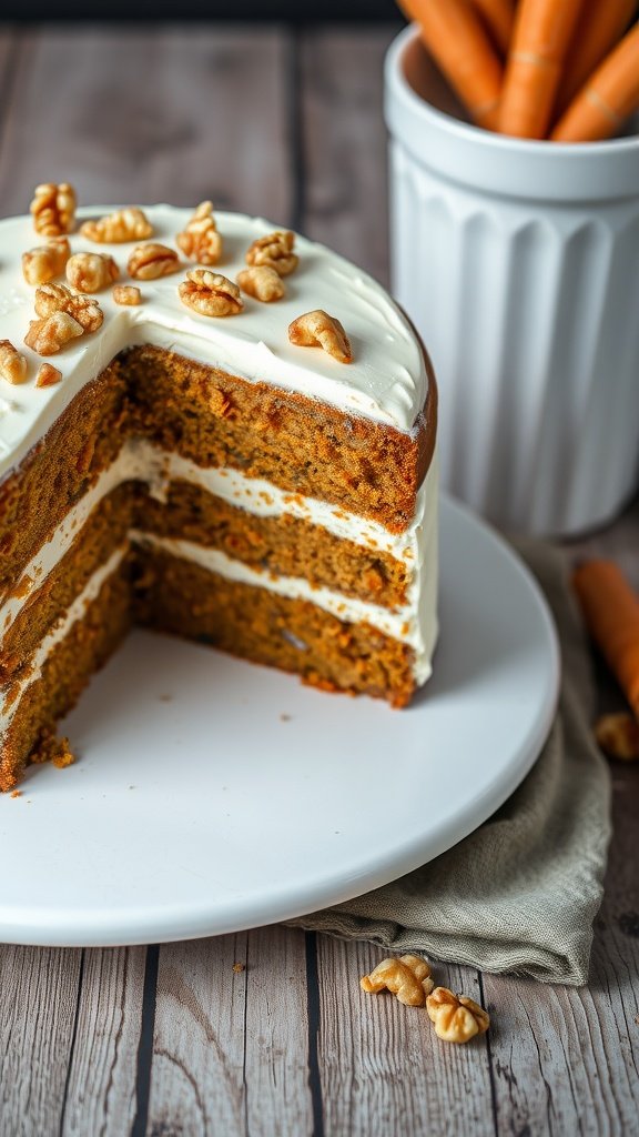 A moist carrot cake with cream cheese frosting and walnuts on top, partially sliced, with fresh carrots in a container in the background.