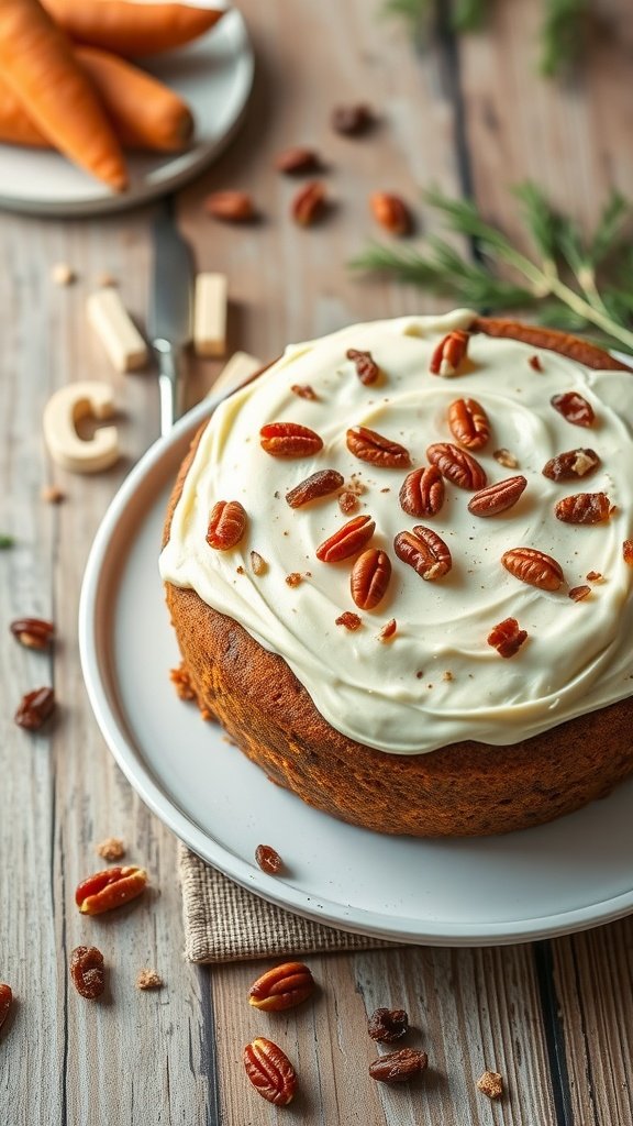 A delicious carrot cake topped with cream cheese frosting and pecans, with fresh carrots in the background.