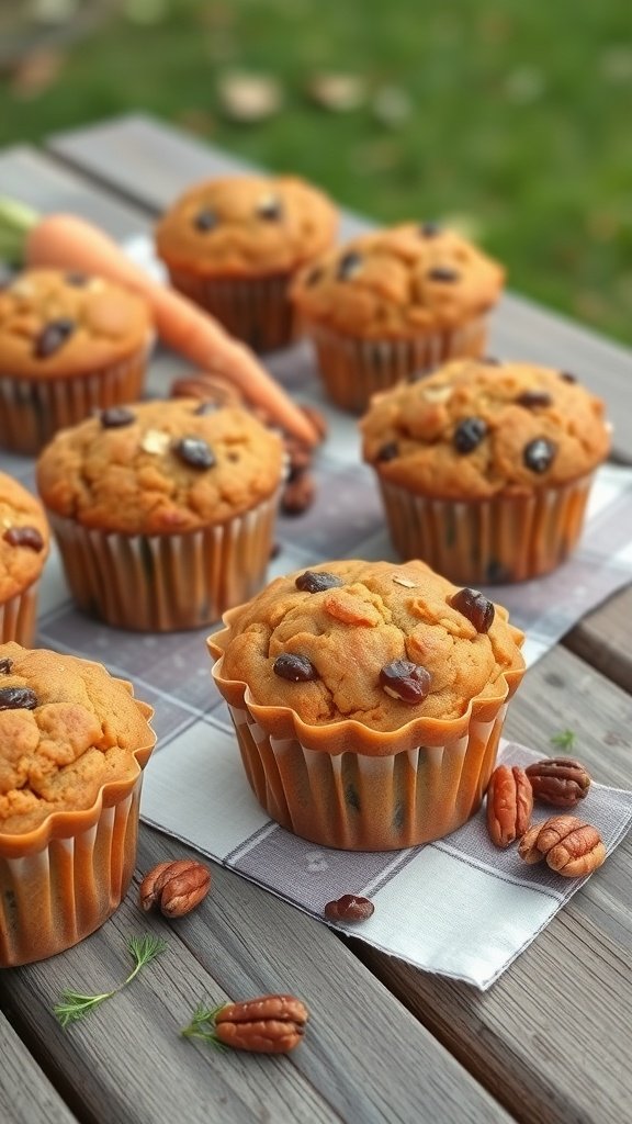Freshly baked carrot muffins with raisins and nuts on a wooden table, with a carrot beside them