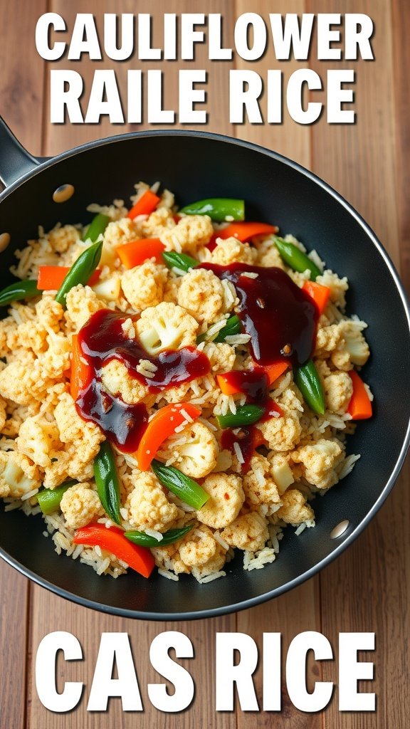A pan of cauliflower rice stir-fry with colorful vegetables and sauce