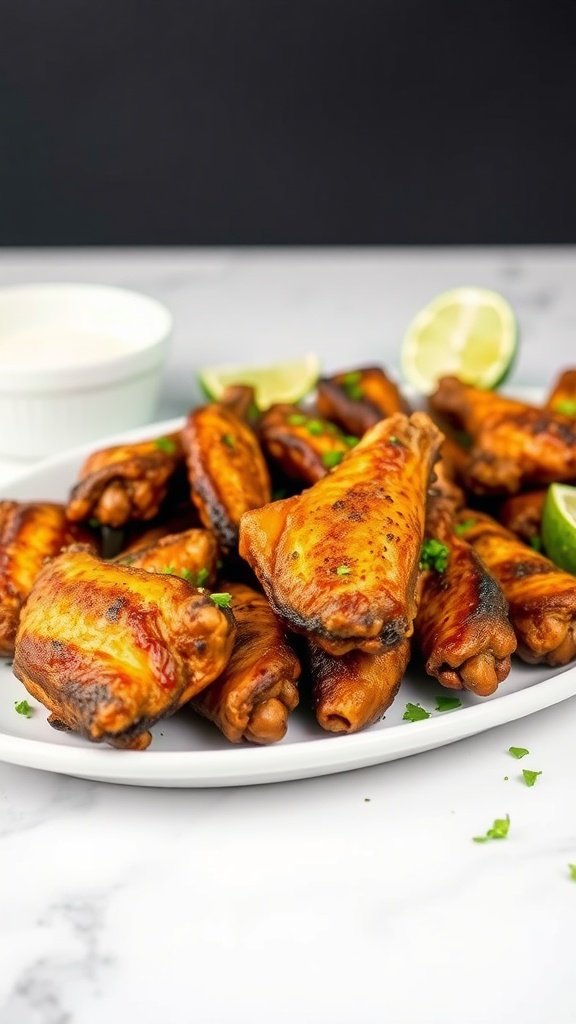 A platter of grilled chicken wings with a vibrant chili-lime glaze, garnished with lime wedges and cilantro.