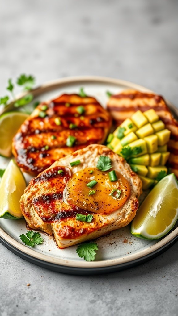 Chili lime pork chops garnished with avocado salsa, lime wedges, and grilled mango on a plate.