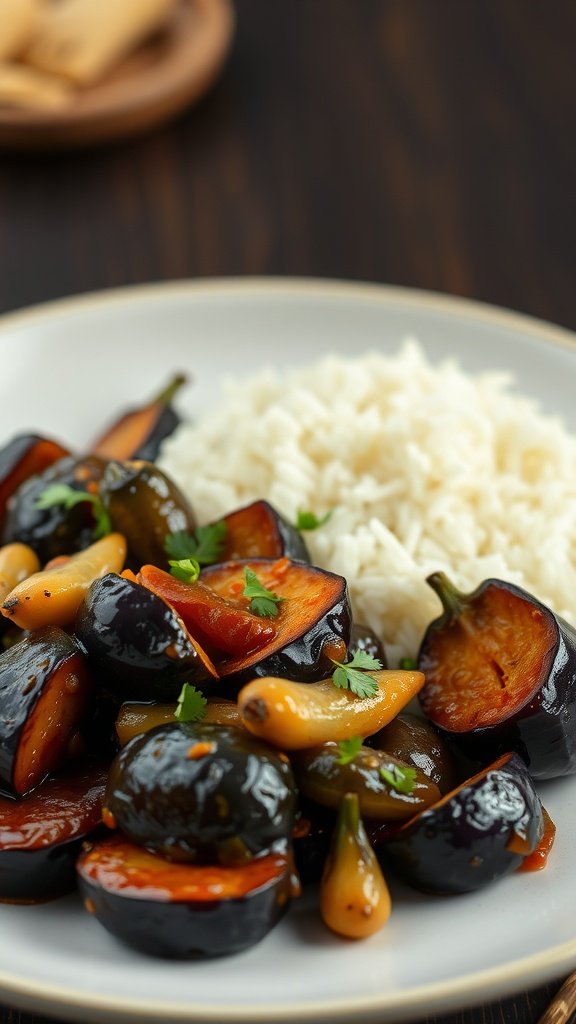 A plate of Chinese Eggplant in Garlic Sauce served with white rice, garnished with fresh herbs.