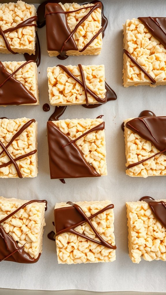 Chocolate-dipped Rice Krispie treats arranged on parchment paper