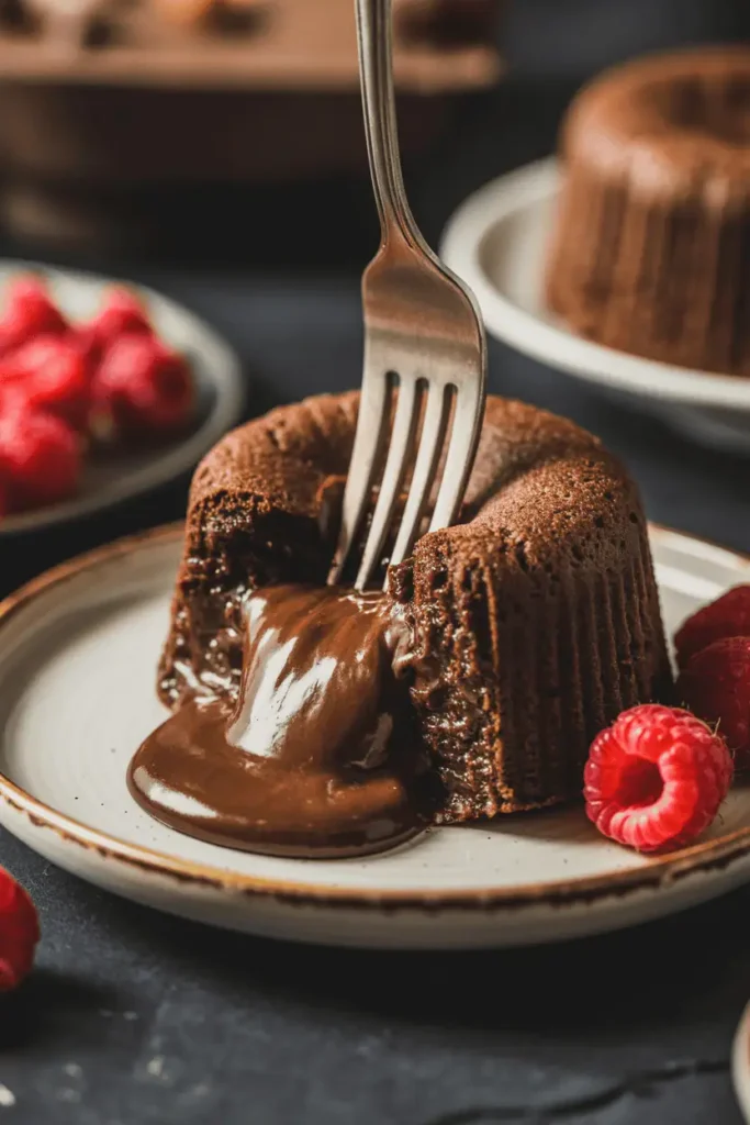 “chocolate lava cake on plate with molten center flowing out, fork cutting into cake, warm chocolate texture, raspberries on the side, soft romantic lighting, dark moody background, professional food photography, no text, 2:3 vertical”