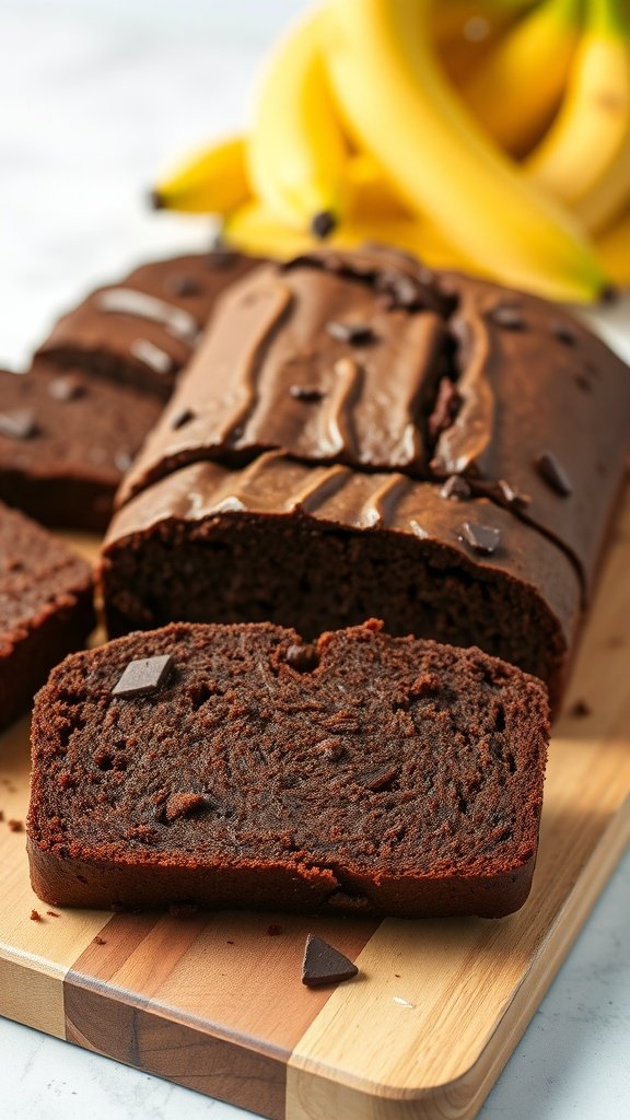 Sliced chocolate banana bread on a wooden board with bananas in the background