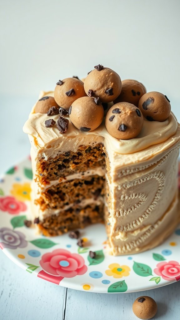 A layer cake made with chocolate chip cookies and topped with cookie dough balls.