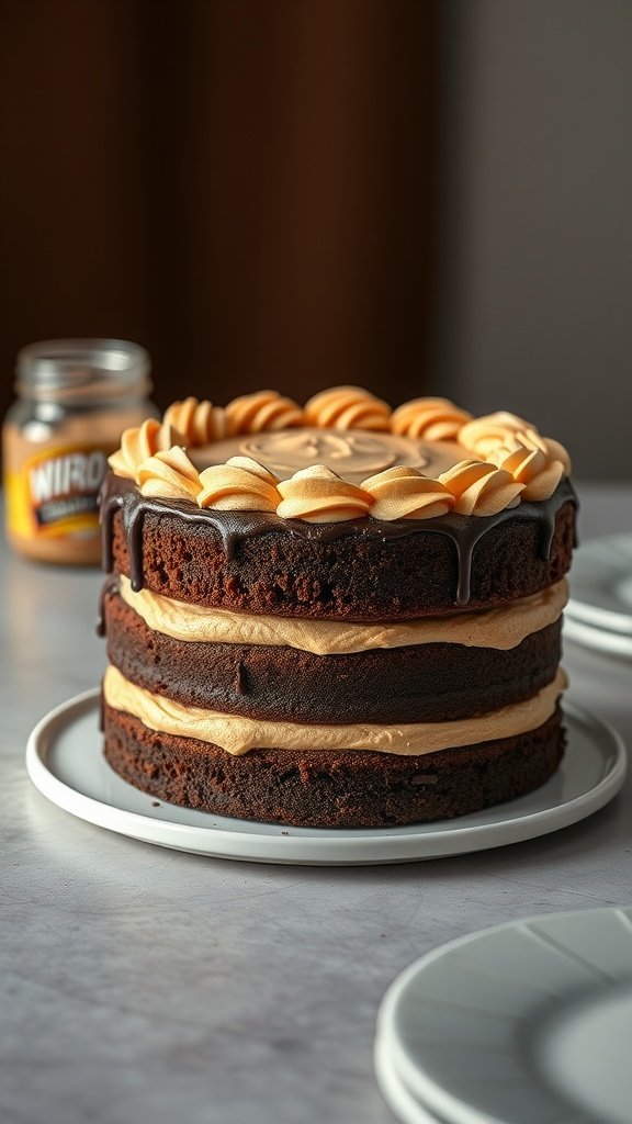 A three-layer chocolate peanut butter cake with peanut butter frosting and a chocolate drizzle.