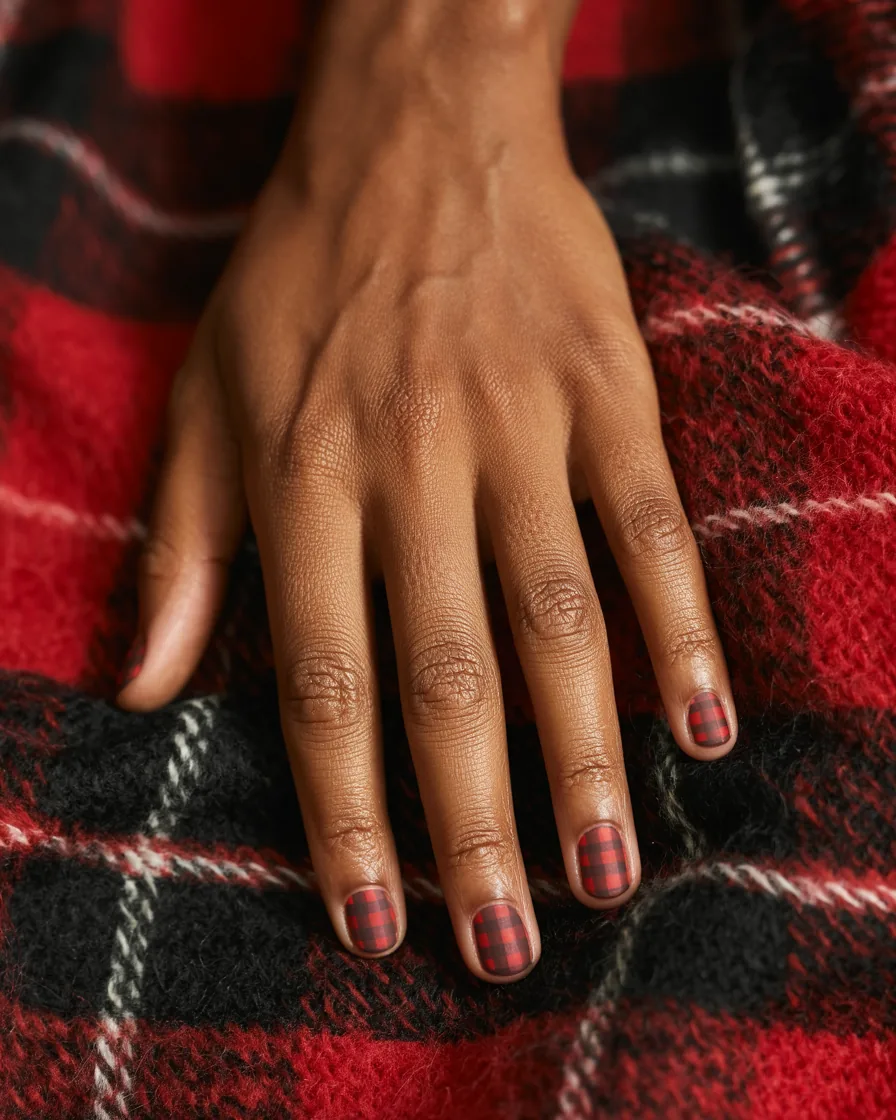 Short square nails painted with a red and black buffalo plaid pattern, resting on a red and black plaid wool blanket