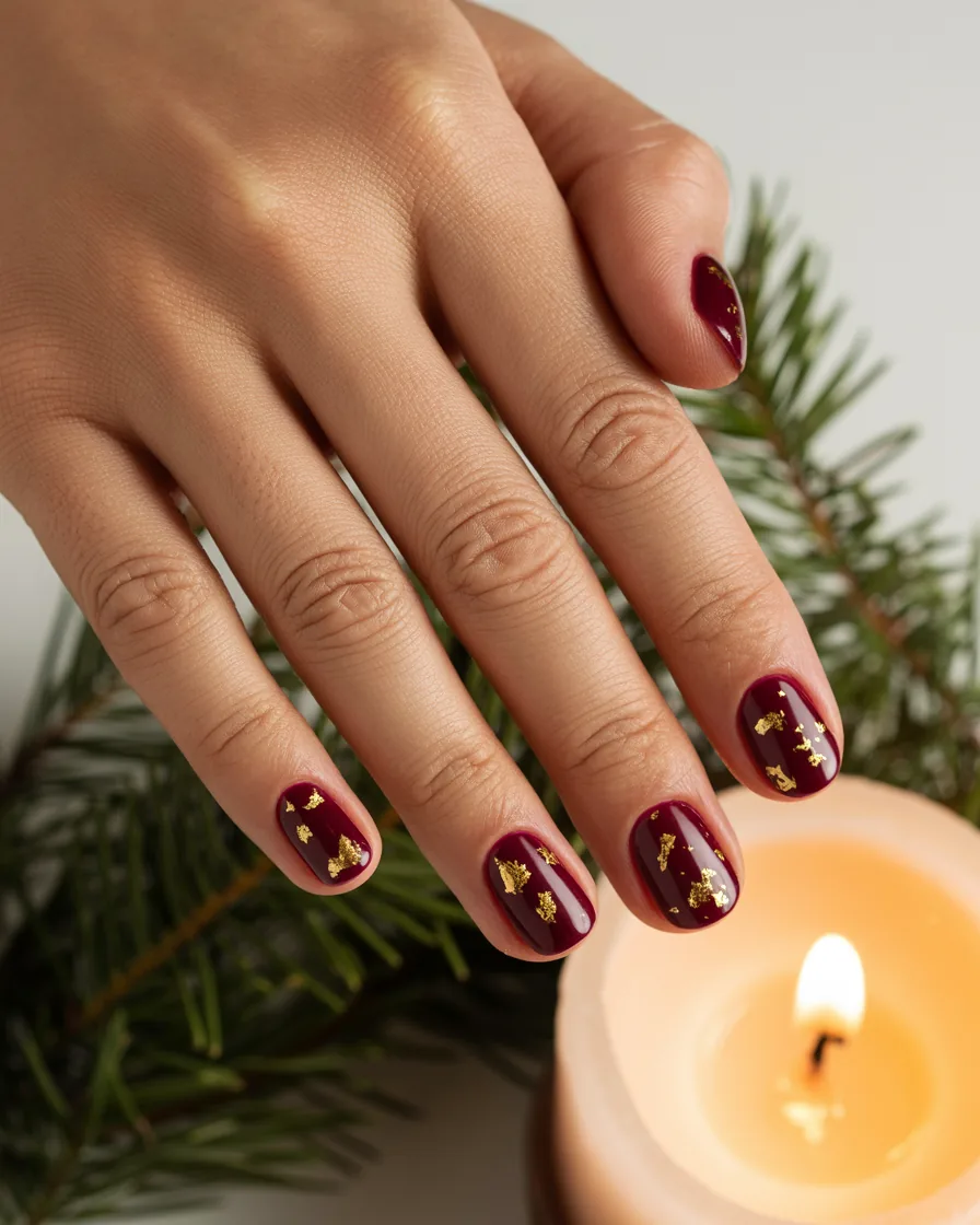 Short almond deep burgundy nails with scattered gold foil flakes, beside a lit candle and pine branch