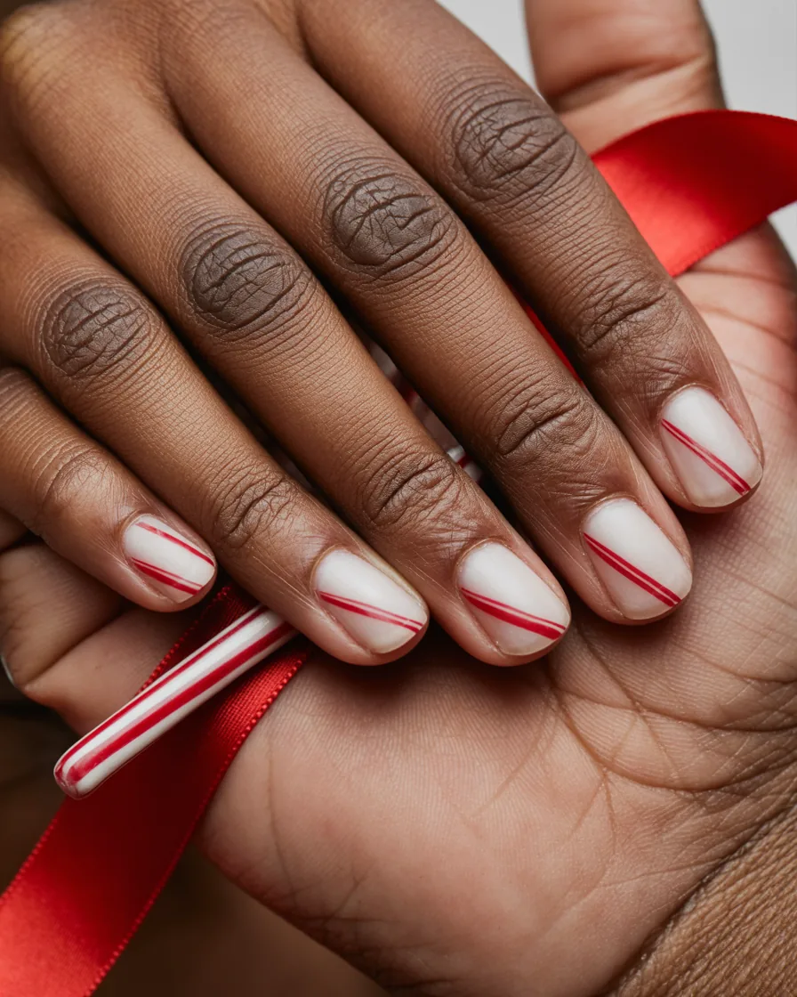 Short milky white nails with thin red diagonal candy cane stripes, held near a candy cane and a red ribbon