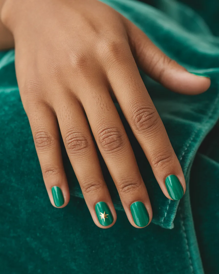 Short oval emerald green nails with one small gold star on the ring finger, on dark green velvet