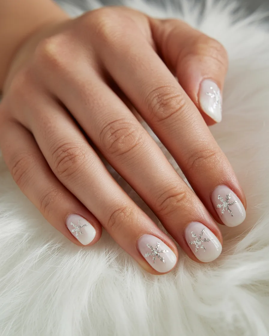 Short almond sheer milky white nails, each with a fine silver glitter snowflake, resting on white faux fur