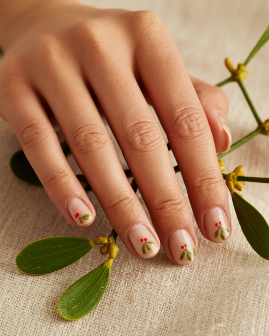 Short oval sheer nude nails with tiny painted green mistletoe leaves and red berries, resting on linen beside a mistletoe sprig