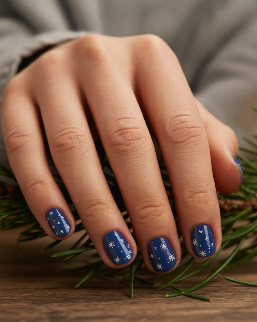 Short round navy blue nails with tiny silver snowflakes and dots, resting on a pine branch on a wooden table