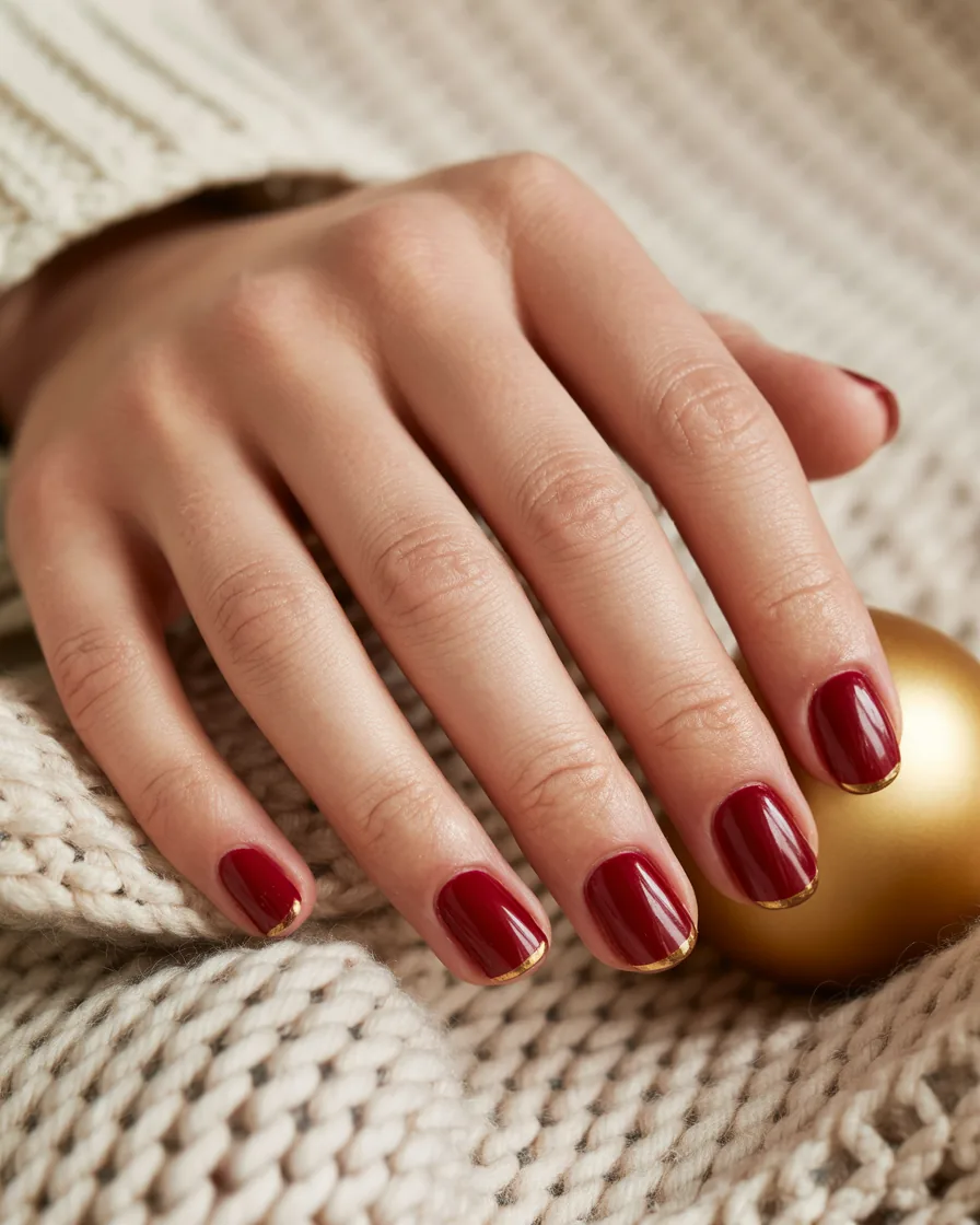 Short almond nails in glossy deep cherry red with a thin gold line along the tips, resting on a cream knit blanket beside a gold ornament