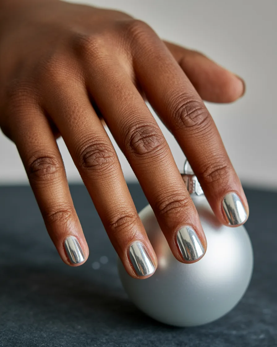 Short almond silver mirror chrome nails beside a silver Christmas ornament