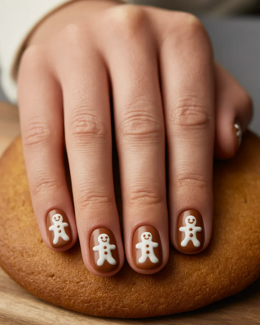 Short square warm brown nails, each with a small white gingerbread man, resting on a large gingerbread cookie