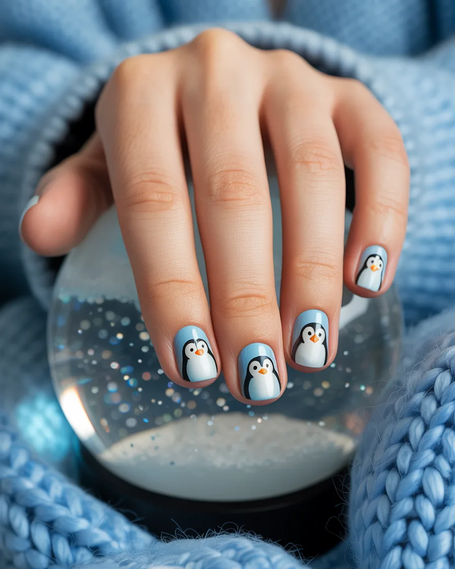 Short square icy blue nails with a small cartoon penguin on each nail, resting on a blue knit blanket around a snow globe