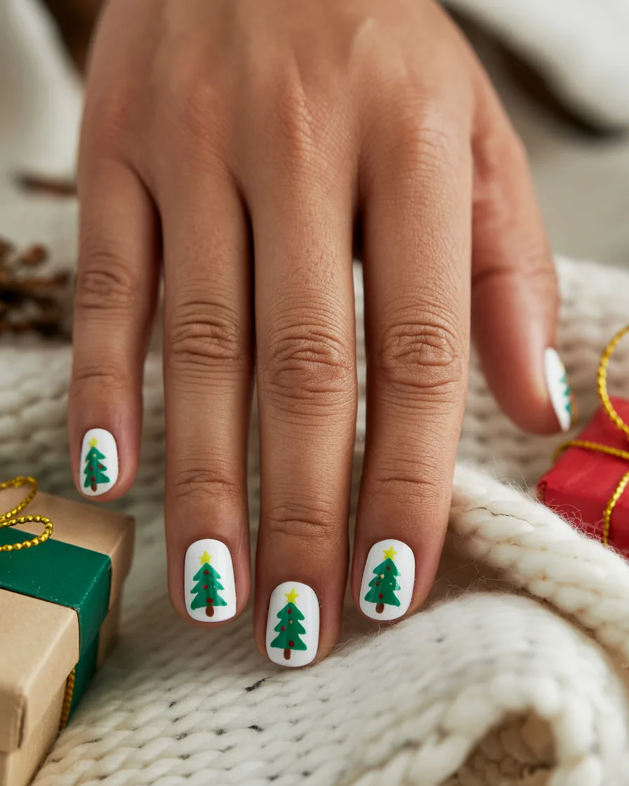 Short square white nails, each with a small green Christmas tree with red dots and a yellow star, resting on a white wool blanket with gift boxes