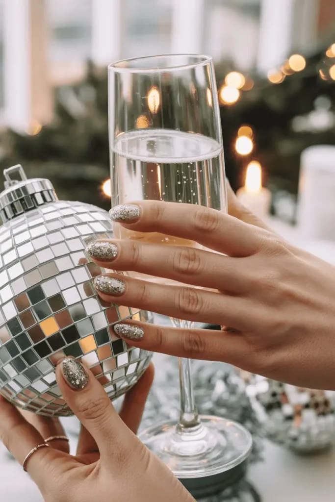 Chunky silver glitter nails holding a disco ball or champagne glass. Bright, fun New Year’s Eve lighting.