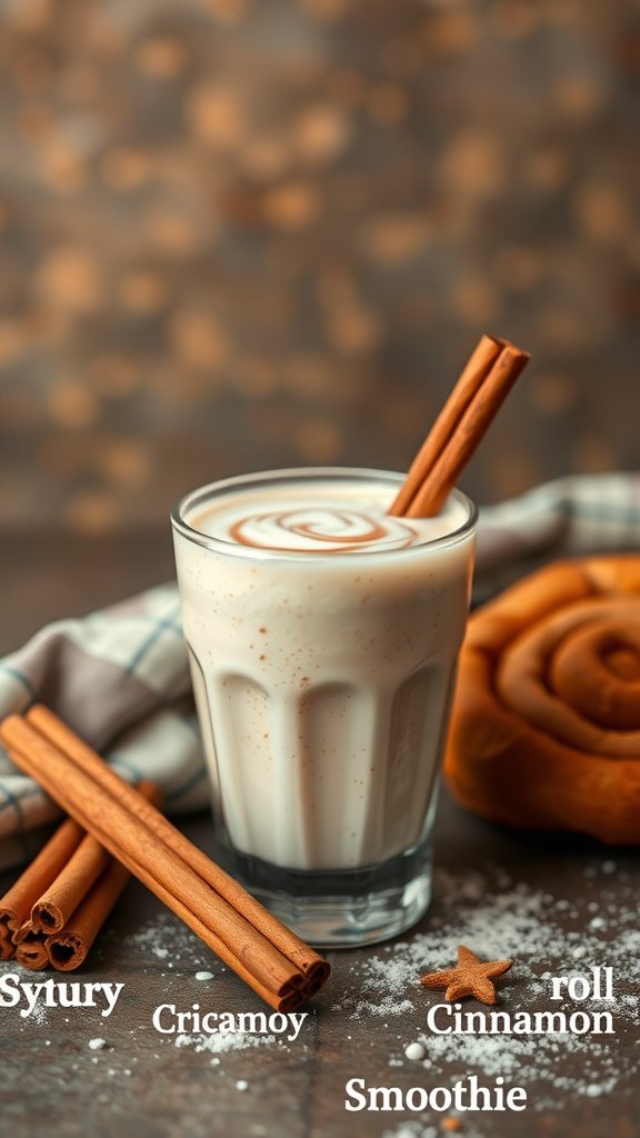 A glass of cinnamon roll smoothie garnished with cinnamon sticks, next to a cinnamon roll.