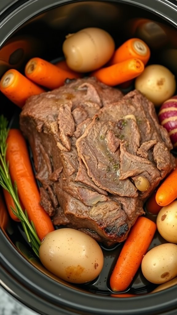 A flavorful pot roast with carrots and potatoes in a crock pot, ready to be cooked.