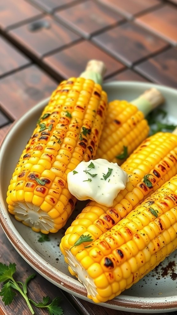Grilled corn on the cob topped with herb butter and fresh herbs on a plate