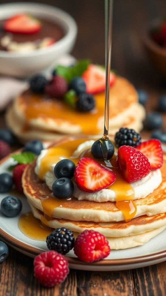 A plate of fluffy cottage cheese pancakes topped with fresh berries and syrup.