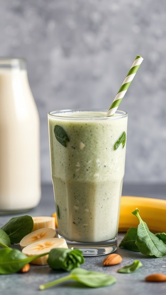 A green smoothie made with cottage cheese, spinach, and banana, served in a glass with a green and white striped straw, surrounded by banana slices and almonds.