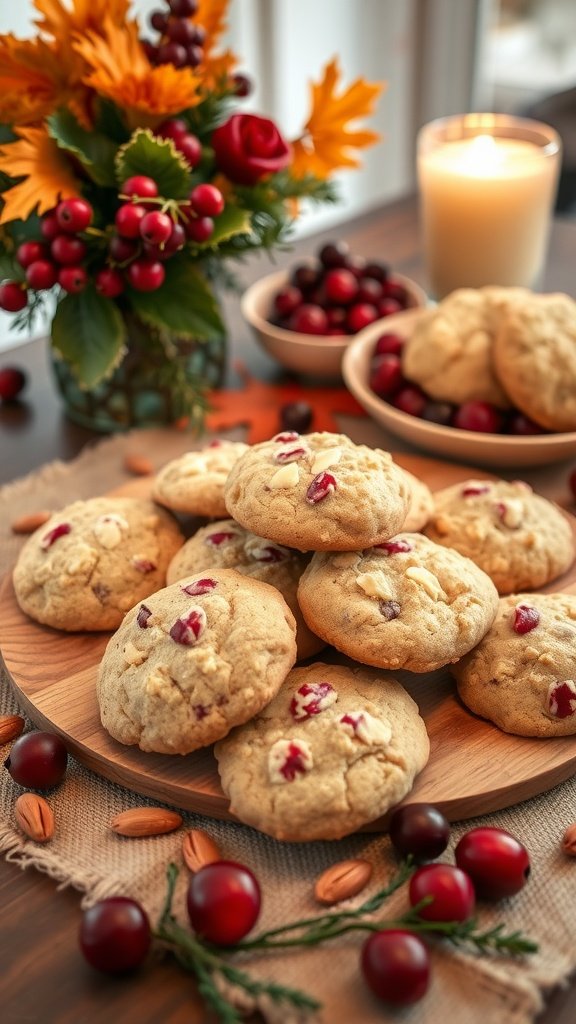 A plate of cranberry almond no bake cookies surrounded by fresh cranberries, almonds, and a decorative floral arrangement.