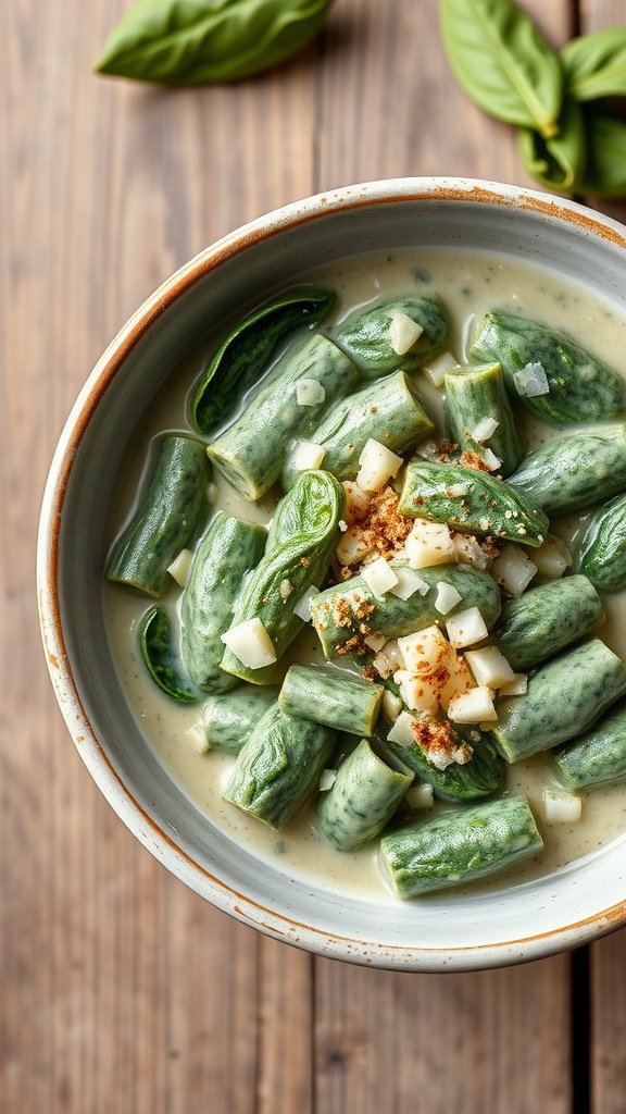 A bowl of creamed spinach with fresh spinach leaves and chopped onions.