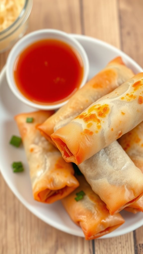 A plate of crispy spring rolls with a bowl of red dipping sauce