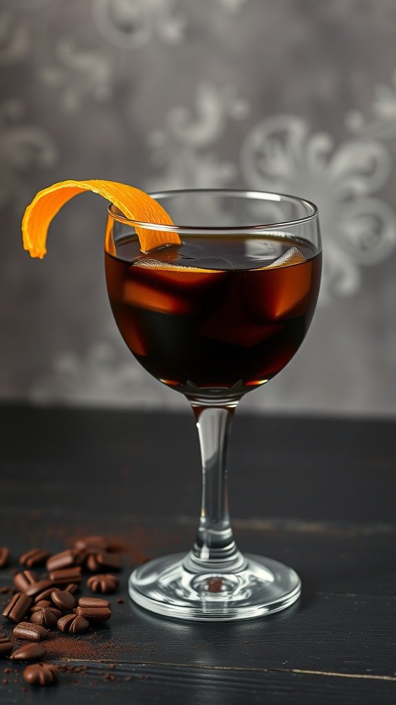 A Dark Chocolate Old Fashioned cocktail in a glass with an orange peel garnish, beside coffee beans.