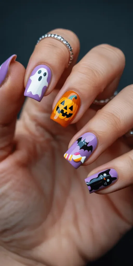 Canโt decide? Mix it all! Paint each nail with a different Halloween design โ one ghost, one pumpkin, one bat, one candy, and one cat. Itโs playful and gets tons of compliments.