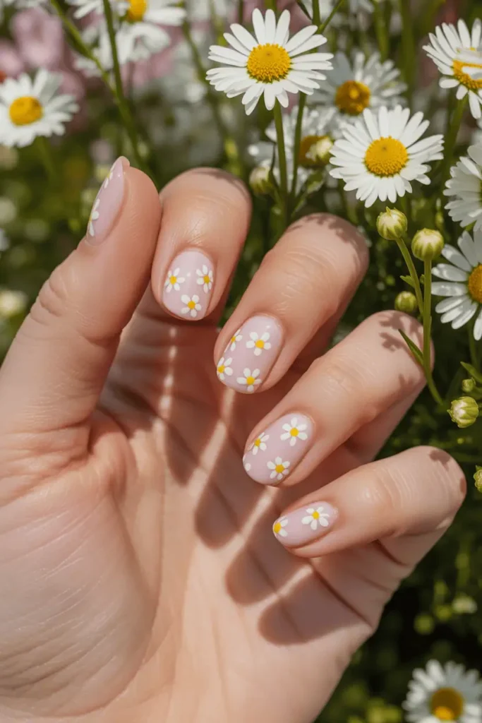 cute easter nail art with tiny daisies, soft pink base with small white flowers and yellow centers, spring garden background, bright natural light, fresh feminine aesthetic, editorial nail photography, pinterest vertical 2:3 ratio, no text