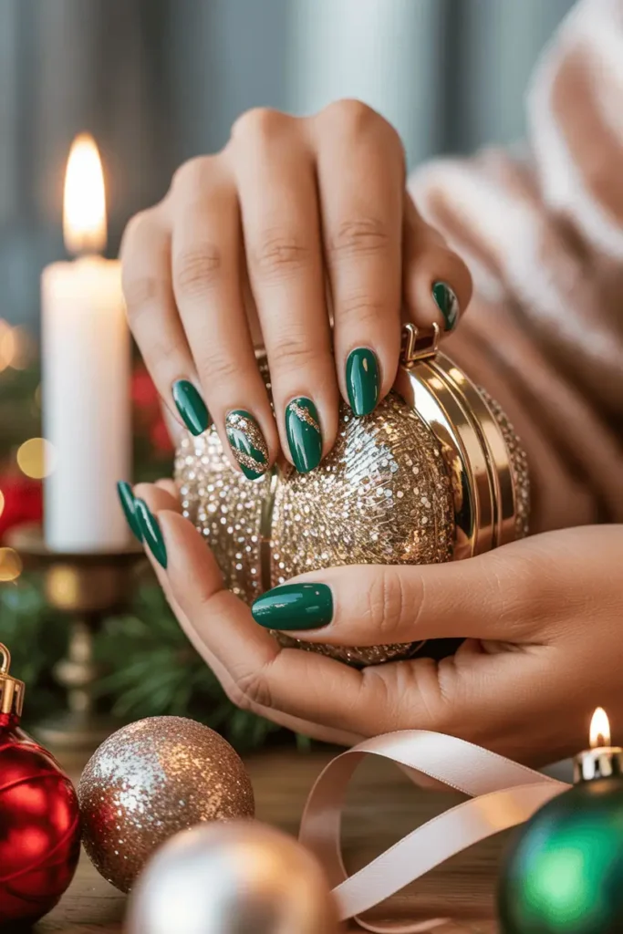 Emerald green nails with gold glitter details holding a sparkly clutch or ornament. Festive Christmas setting, candlelight glow.