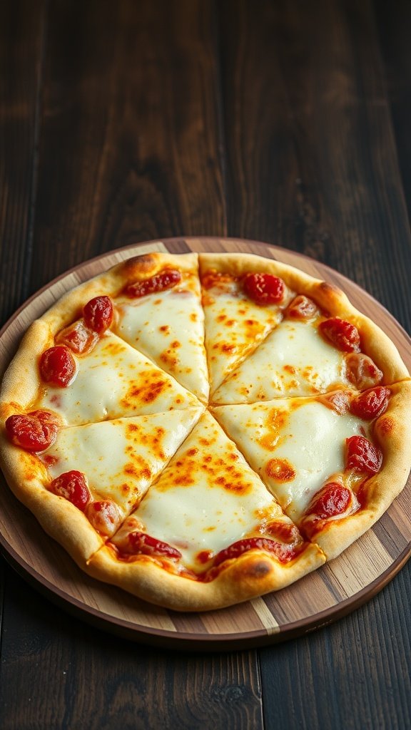 Delicious four cheese pizza on a wooden board, sliced and ready to serve.