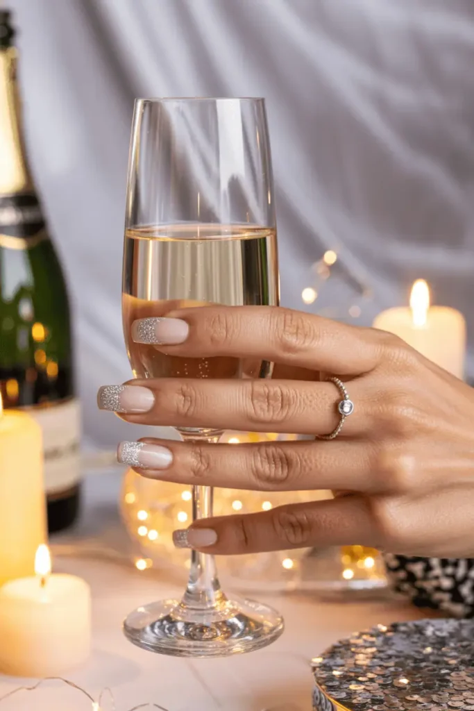 French manicure with silver glitter tips holding a glass of champagne, sparkly New Year’s Eve background.