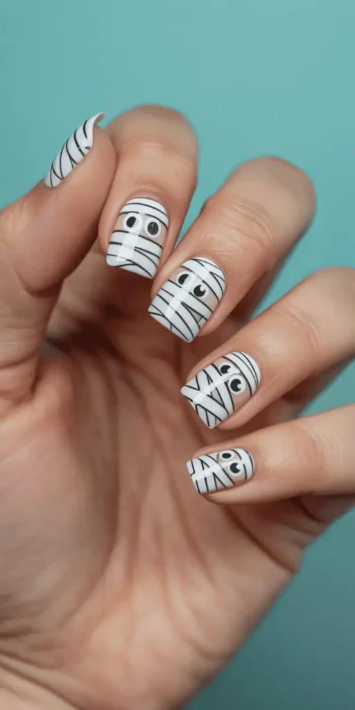 White strips, googly eyes, and a bit of silliness โ mummy nails are perfect for a fun, light-hearted twist. Great for kids or playful adults alike.