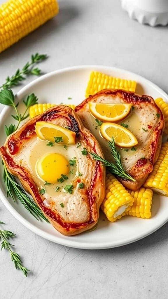 A plate with garlic butter pork chops garnished with lemon slices, alongside fresh corn on the cob.